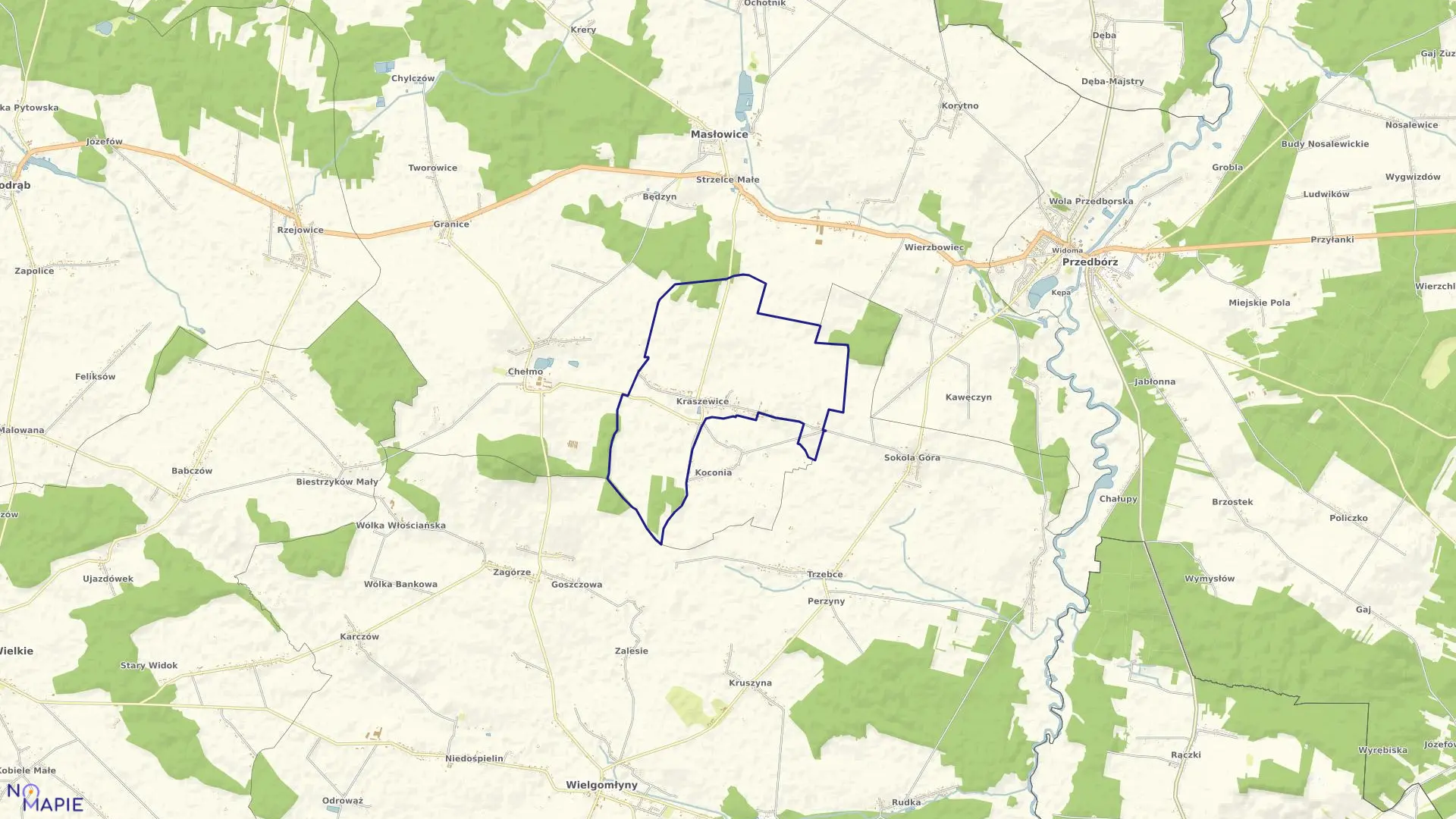 Mapa obrębu KRASZEWICE w gminie Masłowice